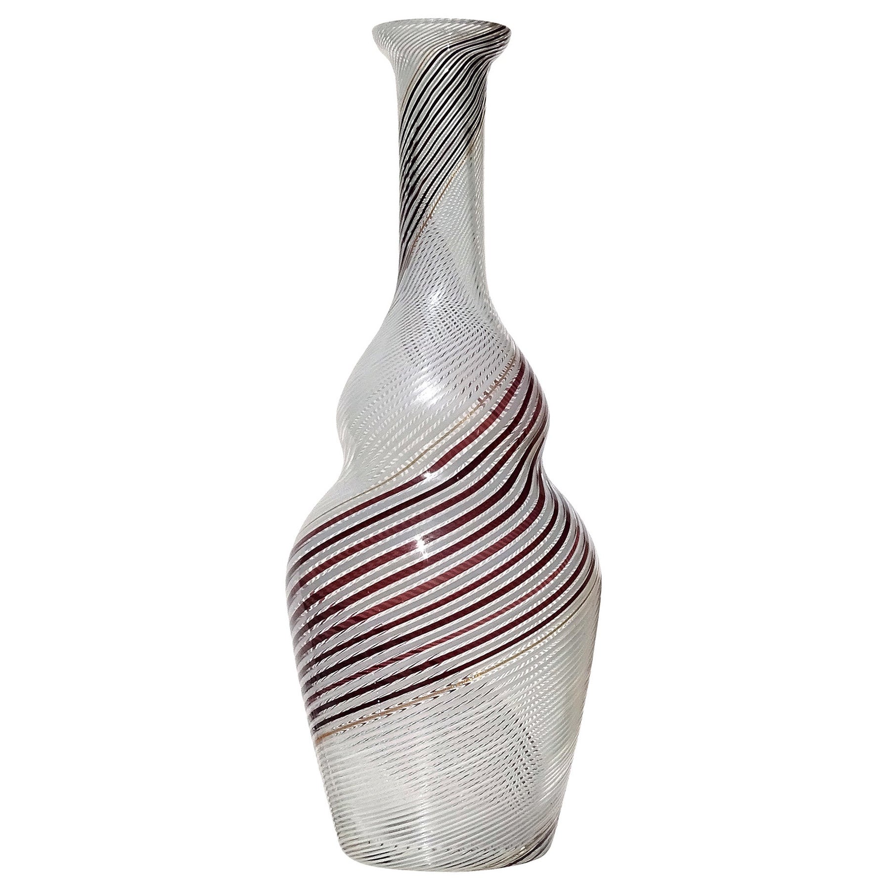 Dino Martens Murano Black White Swirl Ribbons Italian Art Glass Flower Vase For Sale