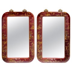 Pair of Red Leather Gilt Decorated Chinoiserie Brass Mounted Mirrors