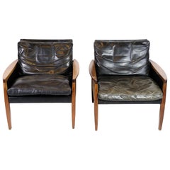 Set Of Two Armchairs Made In Rosewood & Black Leather By Hans Olsen From 1960s