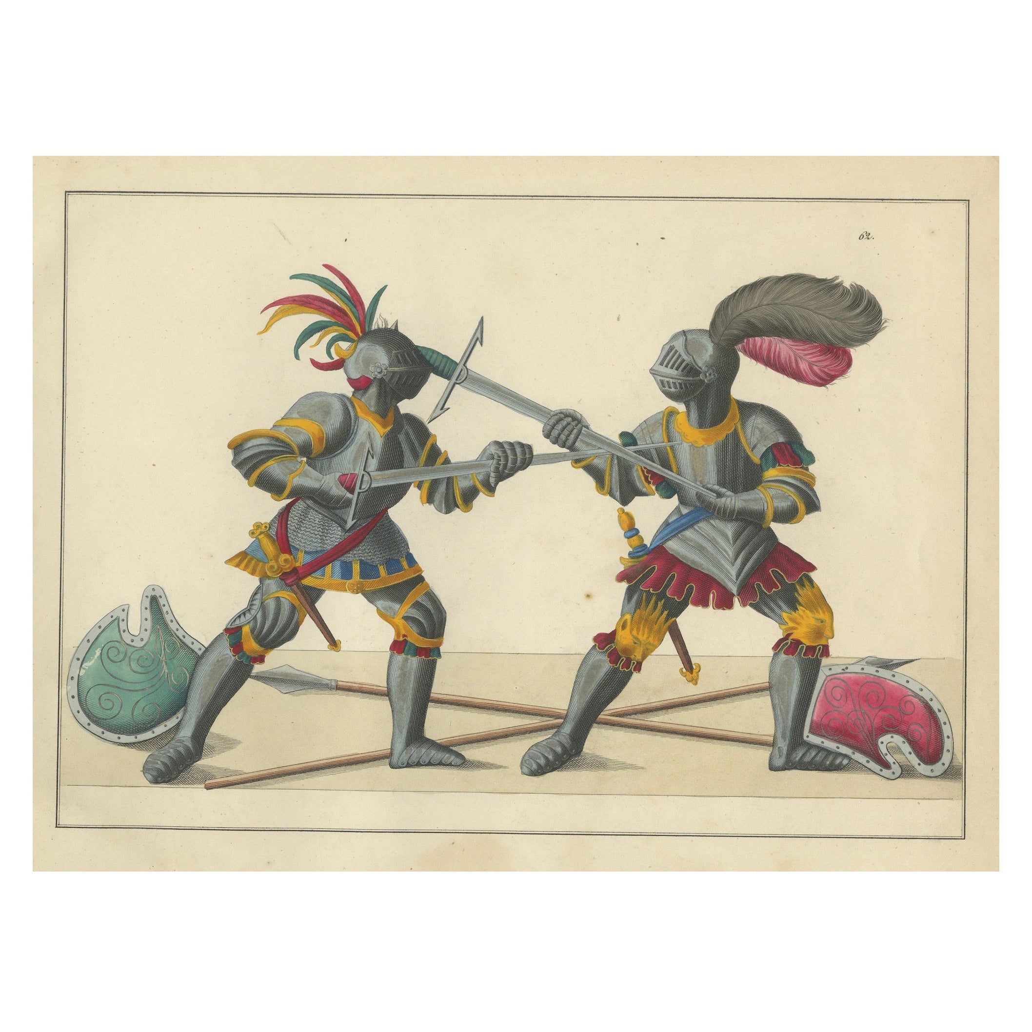 19th-Century Hand-Coloured Lithograph of Armoured Knights in Battle Scene