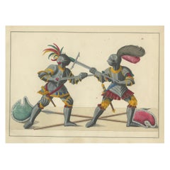 Lithographie du 19e siècle, coloriée à la main, représentant des chevaliers en armure dans une scène de combat