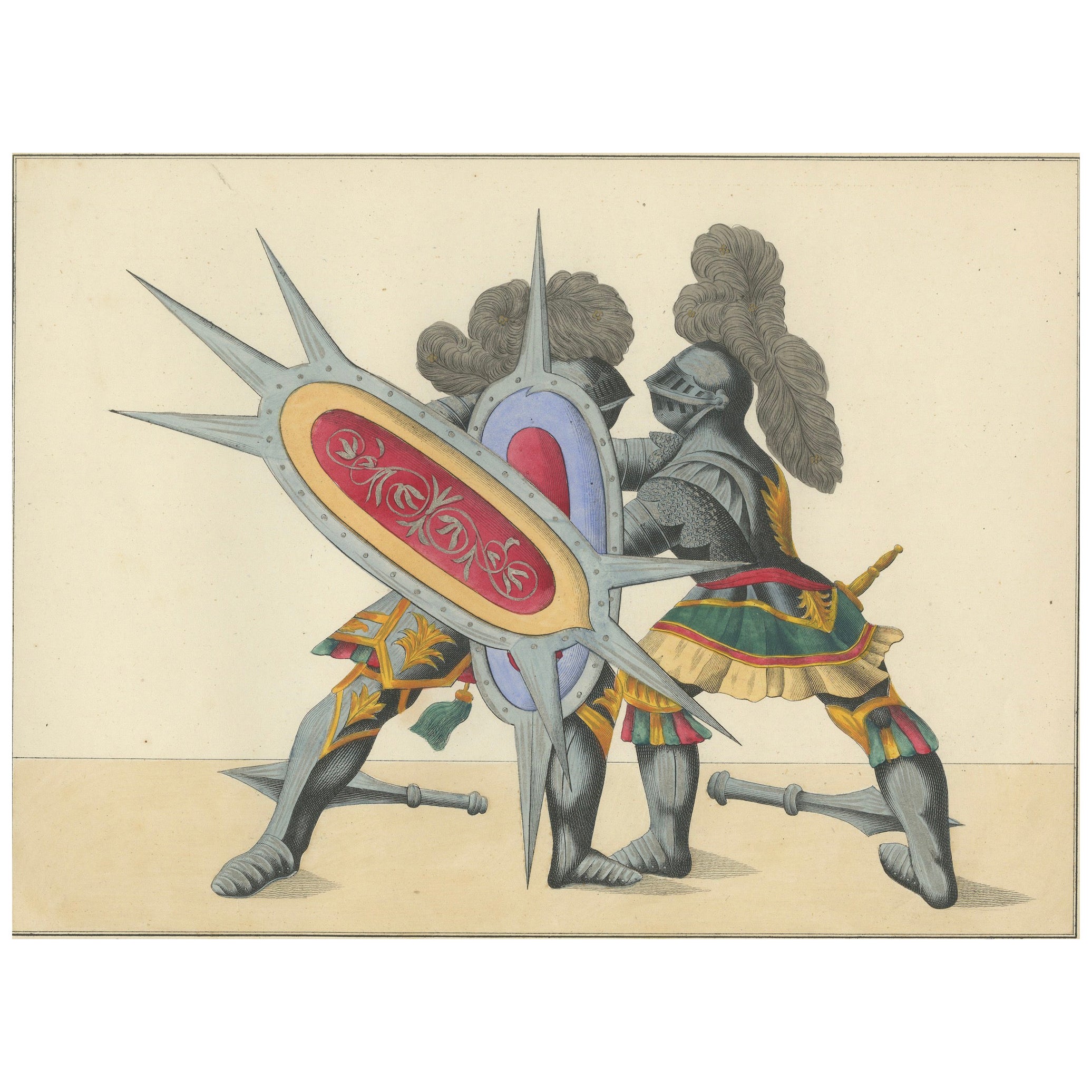 Handkolorierte Lithographie eines gewölbten Duels mit gesprenkelten Schildkröten aus dem 19. Jahrhundert im Angebot