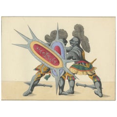 19th-Century Hand-Coloured Lithograph of Armoured Duel with Spiked Shields
