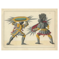 Lithographie dramatique du 19e siècle représentant des chevaliers avec des boucliers à pointes élaborés