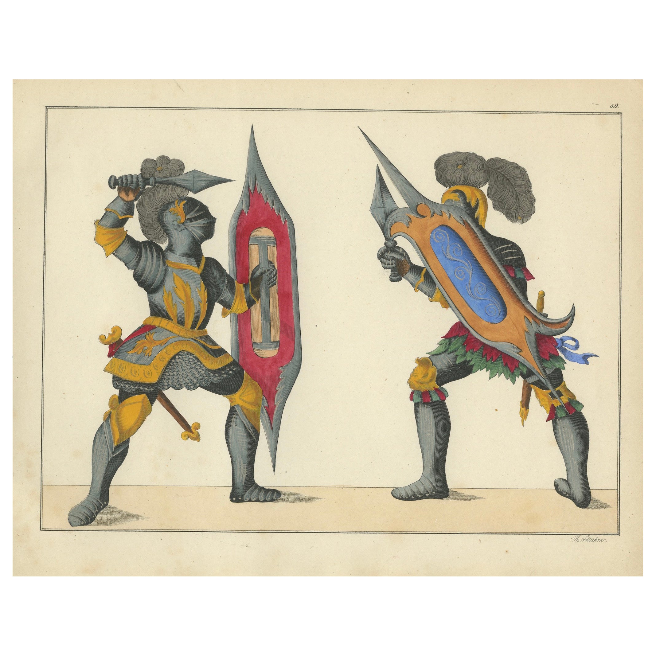 Handkolorierte Lithographie von Duel aus dem 19. Jahrhundert mit verschnörkelten Schildern und Daggers