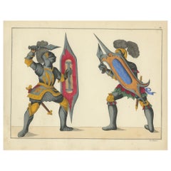 Lithographie du XIXe siècle, coloriée à la main, représentant un duel avec des boucliers et des poignards ornés