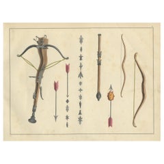Lithographie du XIXe siècle, coloriée à la main, représentant une arbalète médiévale, des flèches et des arcs