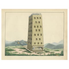 19th-Century Hand-Coloured Lithograph of a Medieval Siege Tower in Action