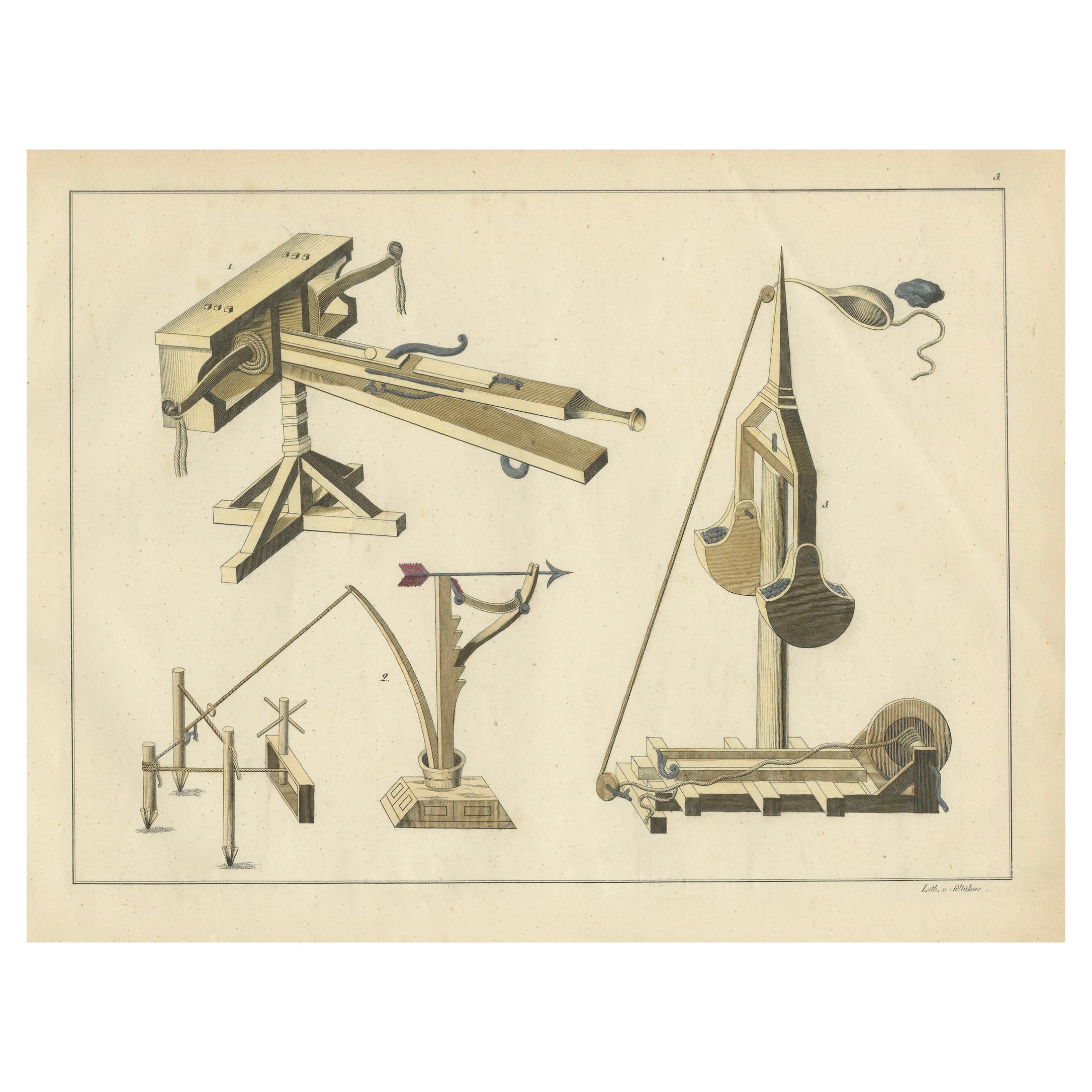 19th-Century Hand-Coloured Lithograph of Medieval Siege Engines and Catapults