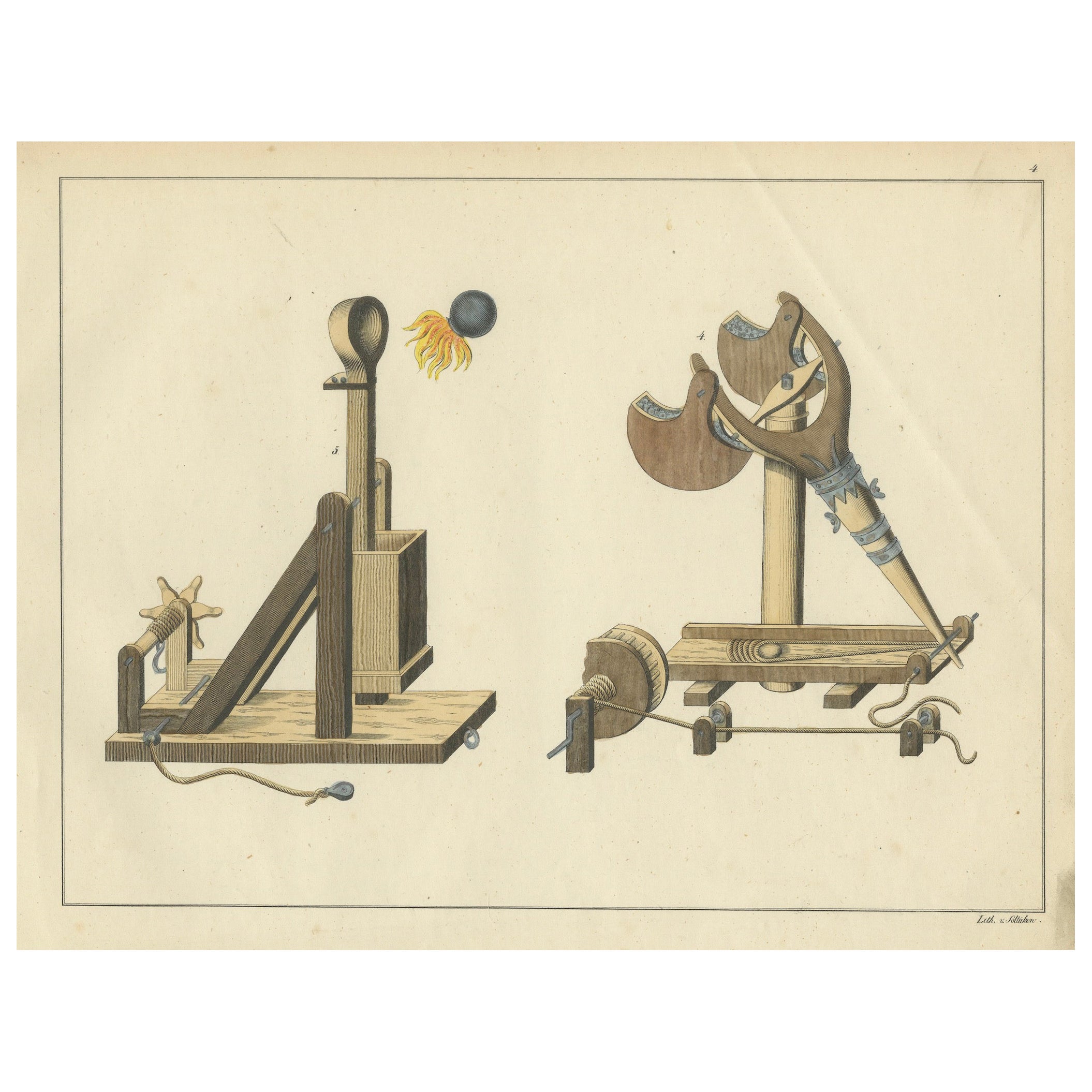19th-Century Hand-Coloured Lithograph of Medieval Catapults and Siege Engines For Sale
