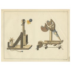 Lithographie du XIXe siècle, coloriée à la main, représentant des catapultes et des engins de siège médiévaux