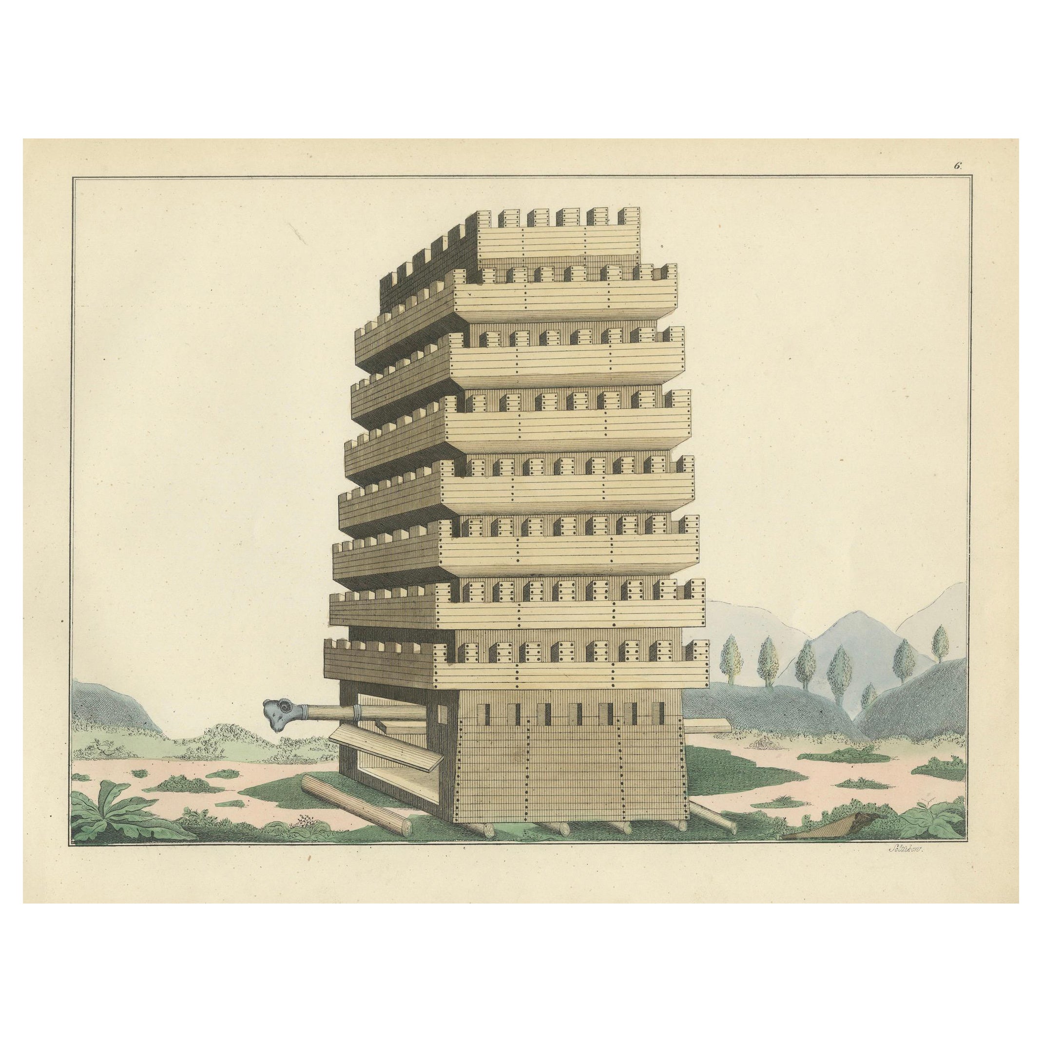19th-Century Hand-Coloured Lithograph of a Multi-Level Medieval Siege Tower