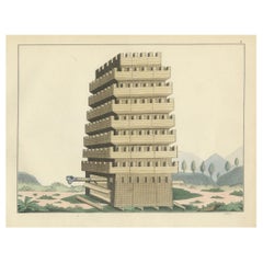 19th-Century Hand-Coloured Lithograph of a Multi-Level Medieval Siege Tower