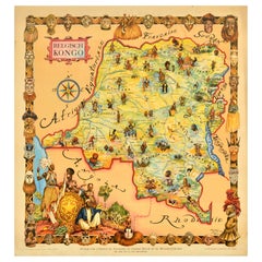 Póster Original Vintage Mapa de Viajes Congo Belga África Thiriar Margraff Bélgica