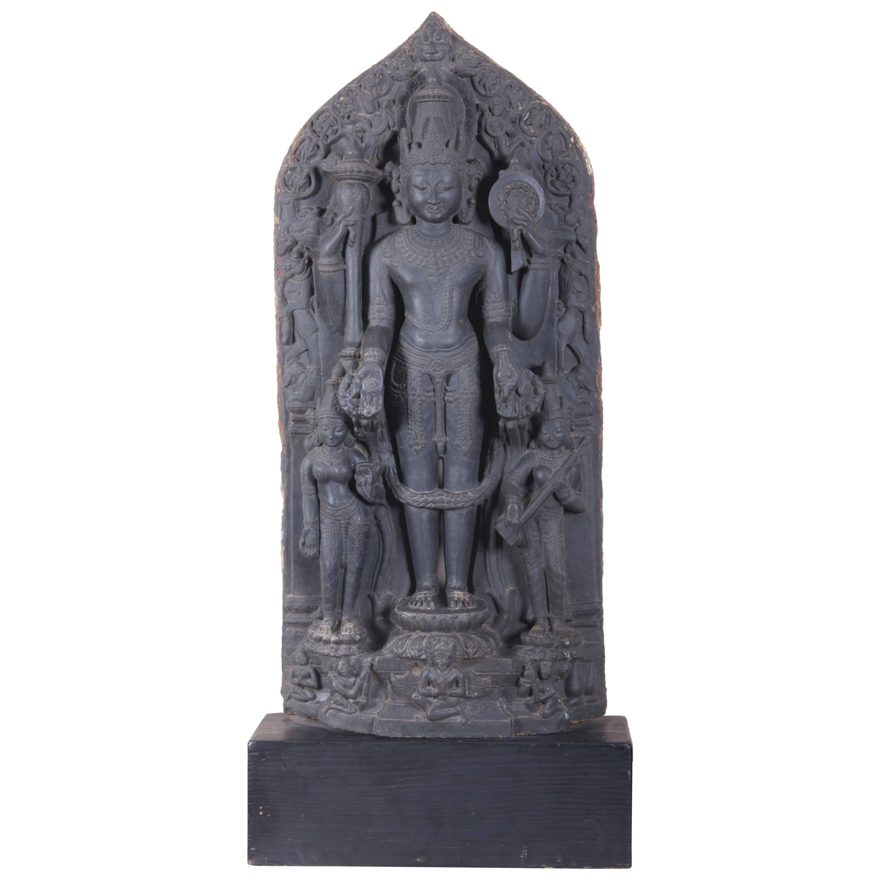 Carved Black Basalt Stele of Vishnu Pala Period, 11th or 12th Century For Sale