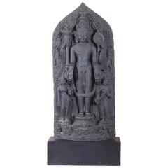 Antique Carved Black Basalt Stele of Vishnu Pala Period, 11th or 12th Century