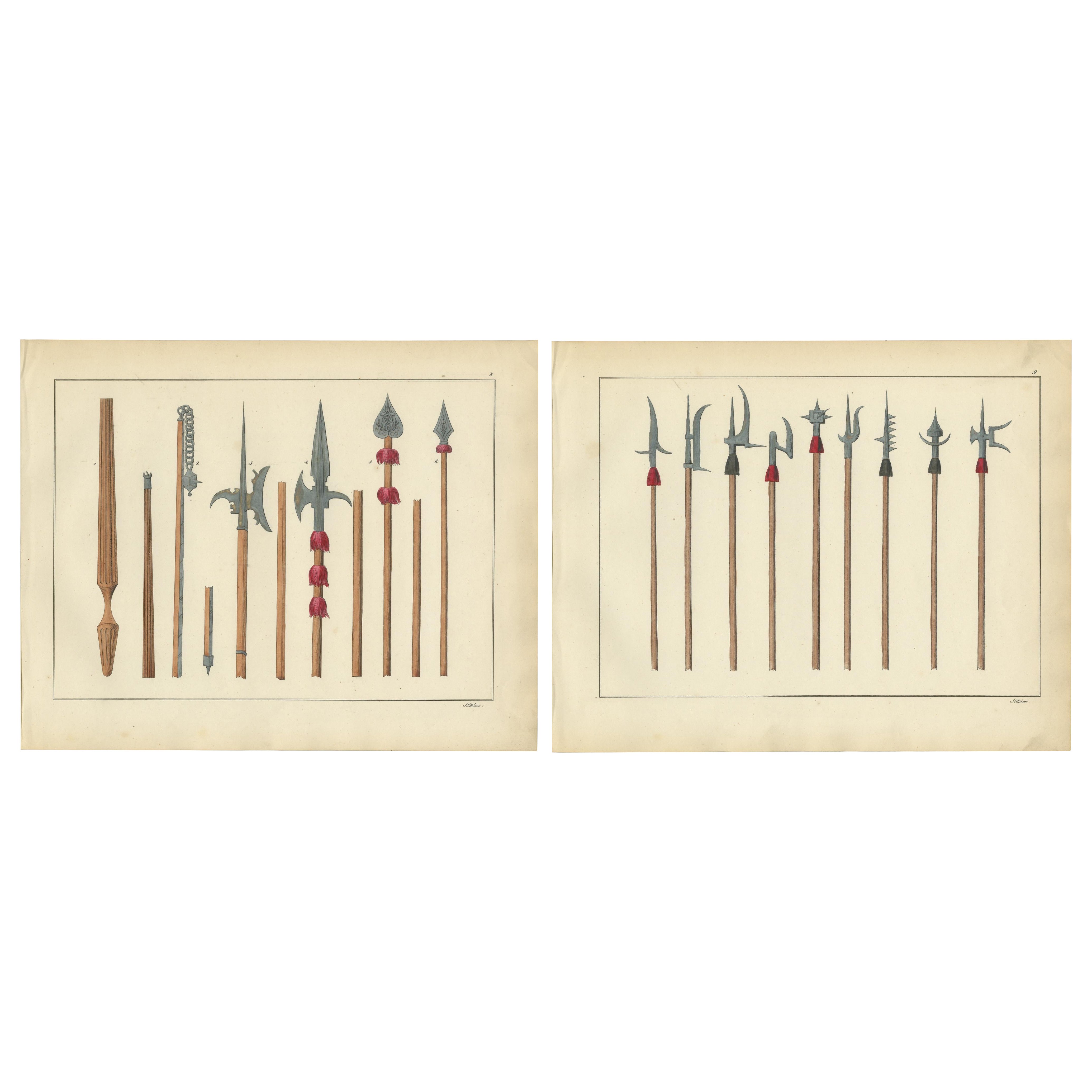 19th-Century Lithograph Compilation of Medieval Polearms and Weapons