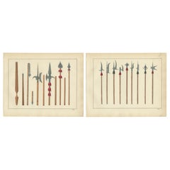 Antique 19th-Century Lithograph Compilation of Medieval Polearms and Weapons