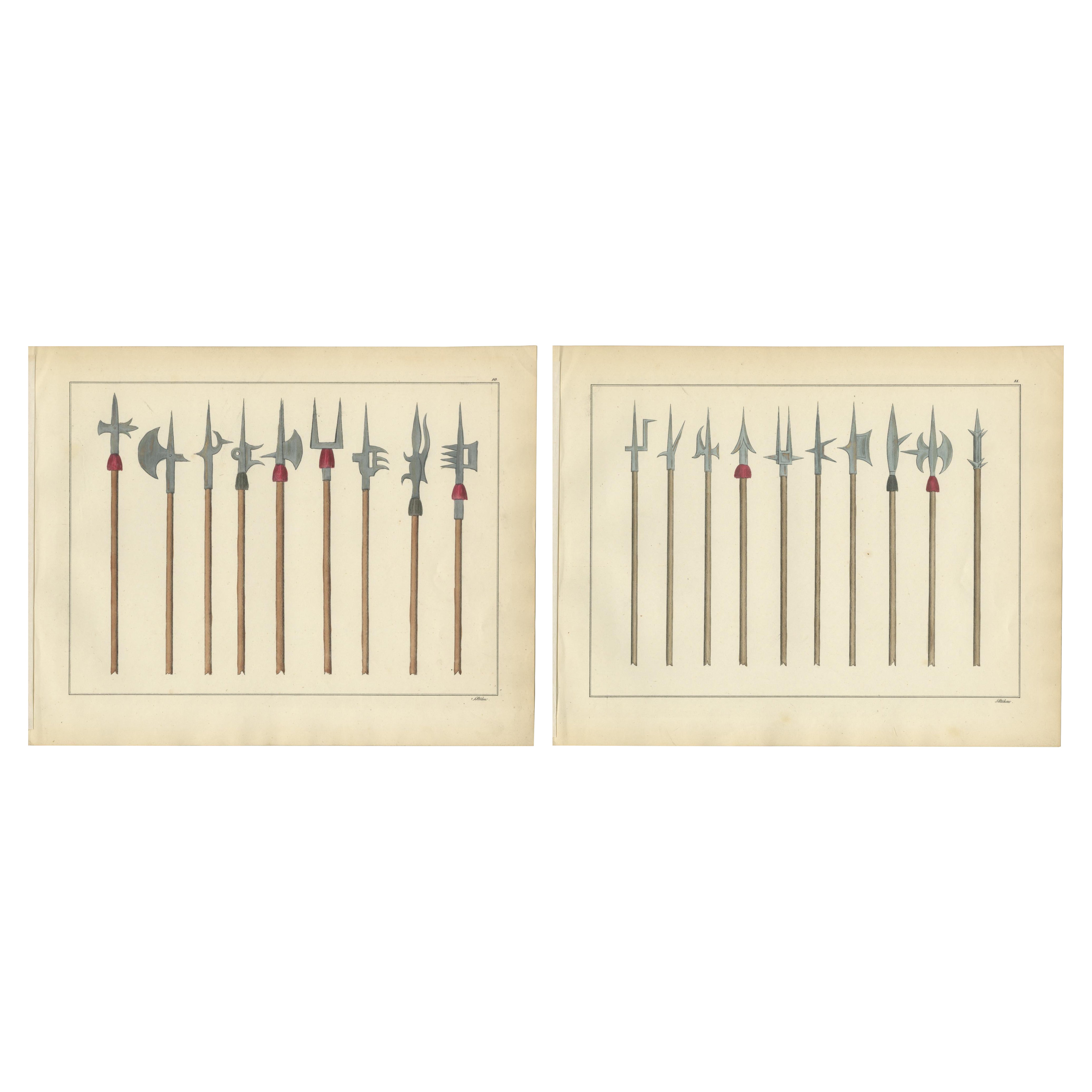 19th-Century Hand-Coloured Lithograph Compilation of Ornate Medieval Polearms
