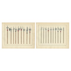 19th-Century Hand-Coloured Lithograph Compilation of Ornate Medieval Polearms