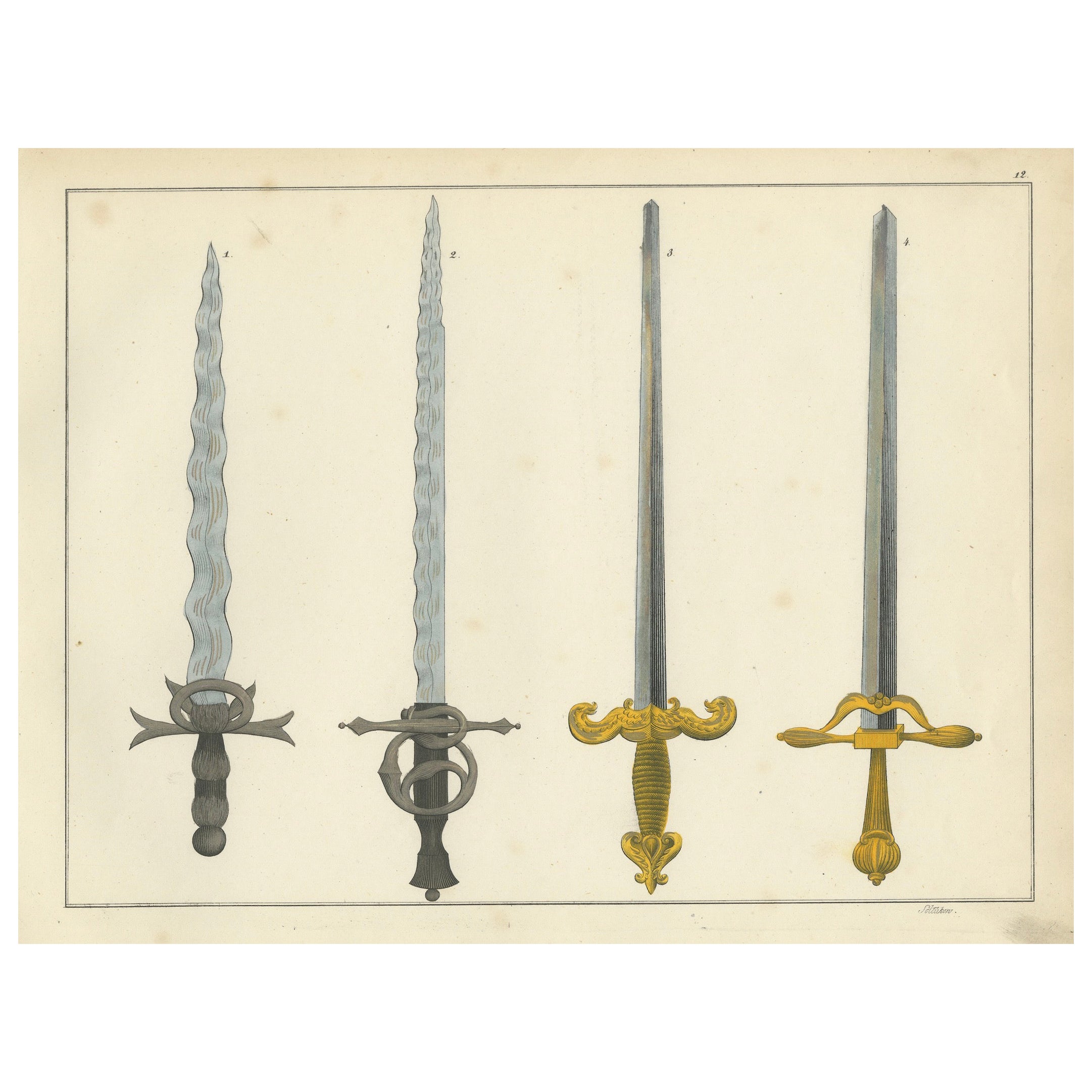 Lithographie ornée à la main des épées médiévales et de la Renaissance du 19e siècle