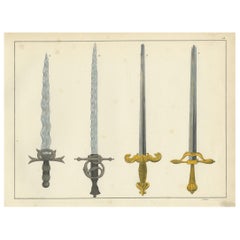 19th-Century Hand-Coloured Lithograph of Ornate Medieval and Renaissance Swords