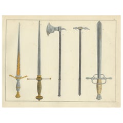 Antique 19th-Century Hand-Coloured Lithograph of Swords, Axes, and War Hammers