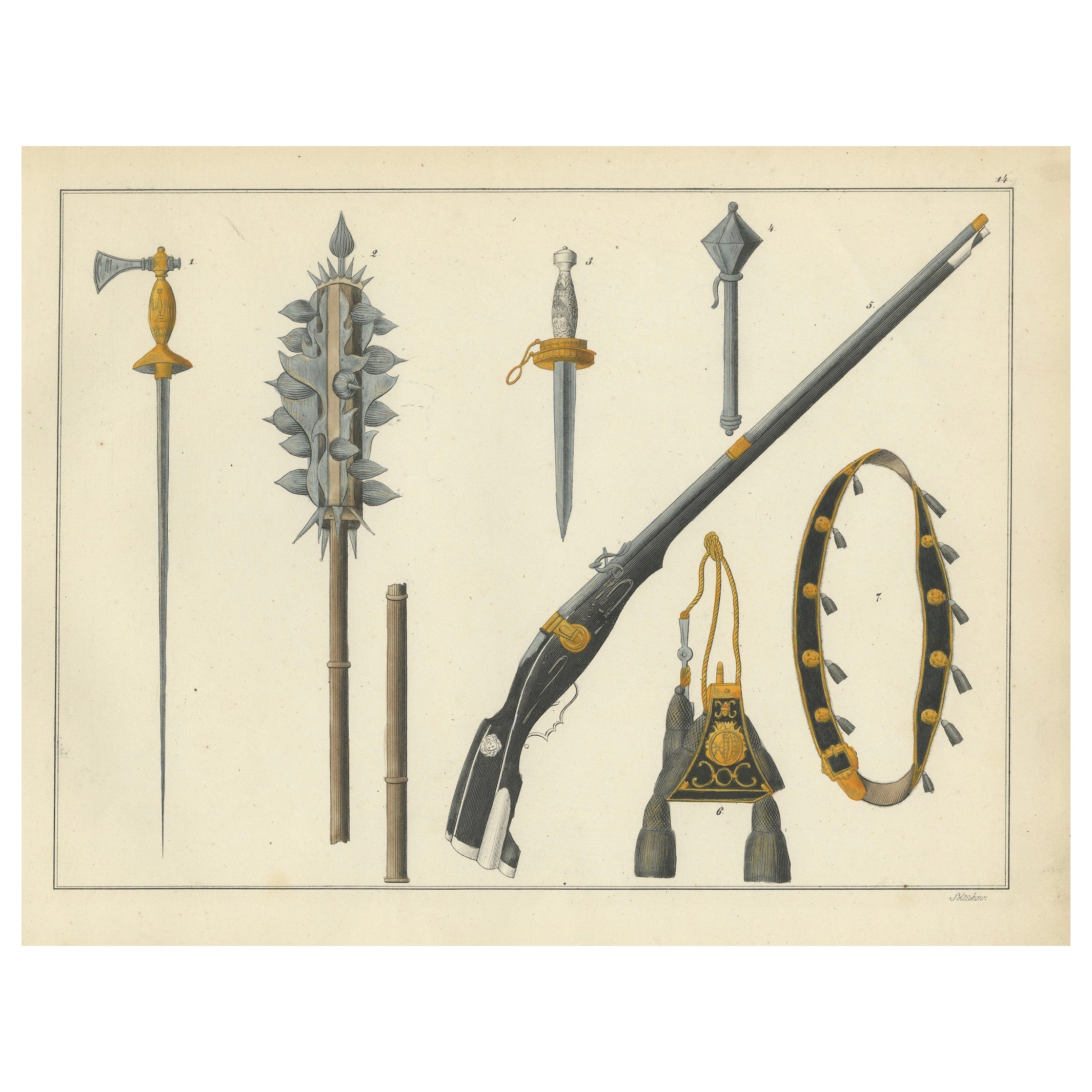 Lithographie collectionnée à la main d'escargots médiévaux, Maces, Daggers et bras de feu, 1842