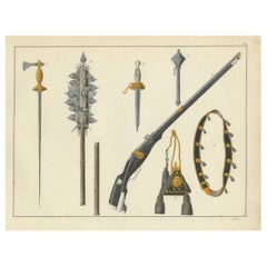 Lithographie collectionnée à la main d'escargots médiévaux, Maces, Daggers et bras de feu, 1842