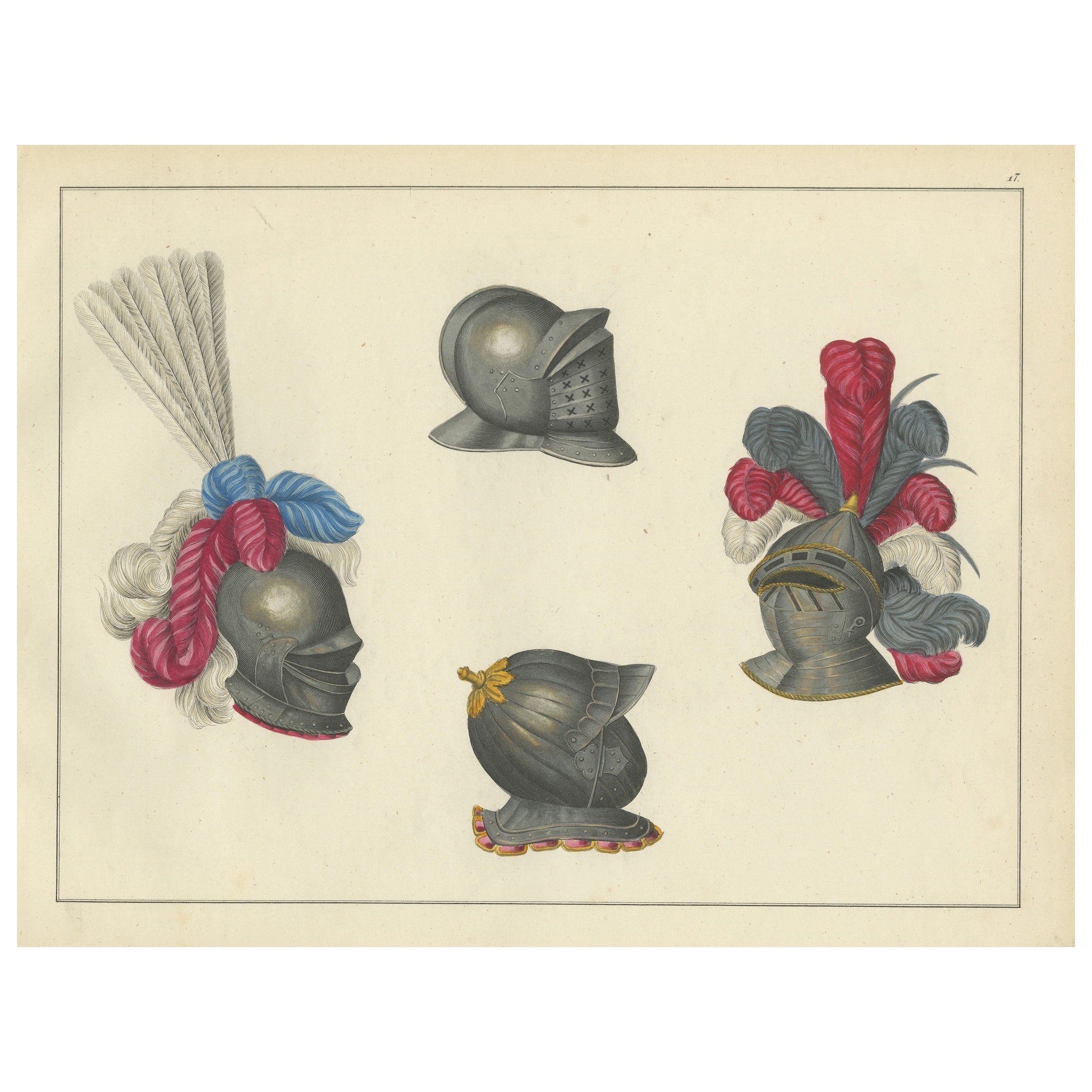 Lithographie du 19e siècle, collectionnée à la main, représentant des casques chevaliers ornés avec des plumes