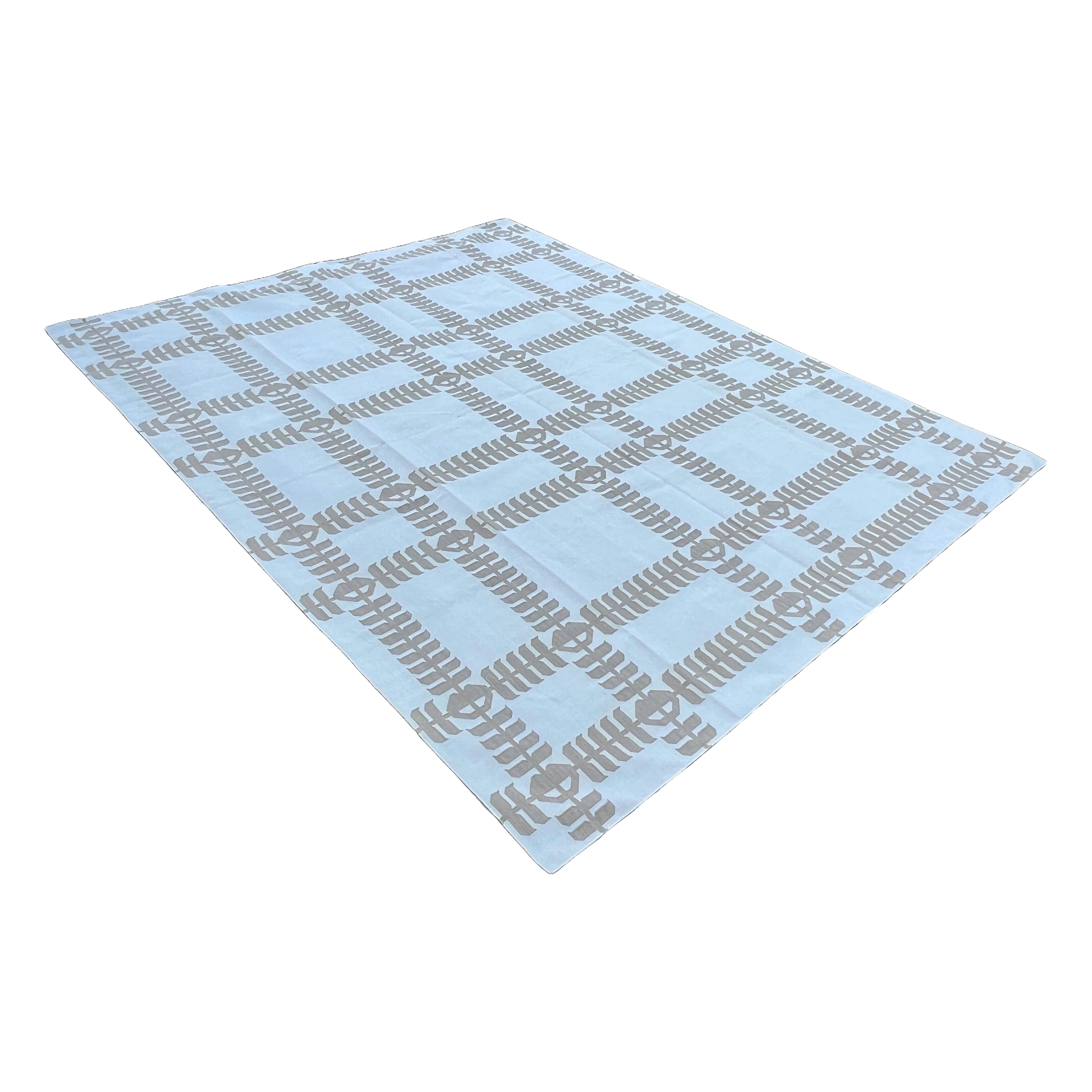 Handmade Cotton Area Flat Weave Rug, 10x12 Cream And Beige Leaf Indian Dhurrie