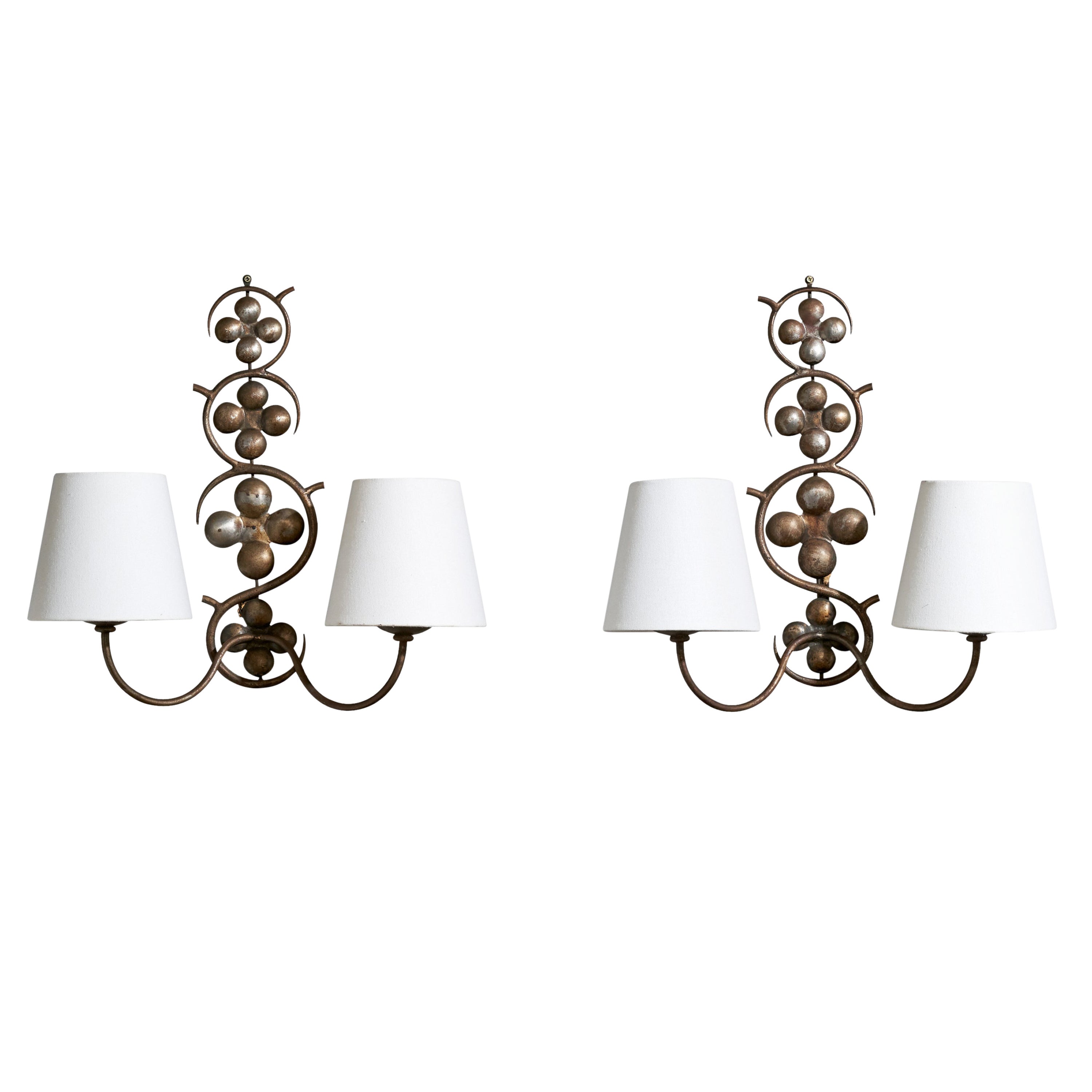 French Designer, Wall Lights, Metal, Fabric, France, 1940s
