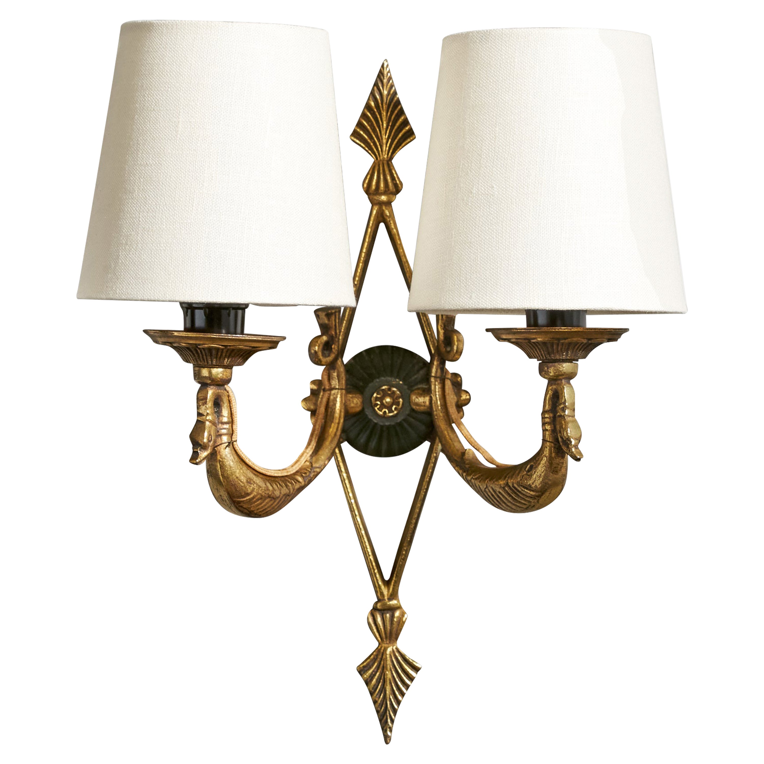 French Designer, Wall Light, Brass, Metal, Fabric, France, 1950s