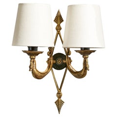 Lampada da parete di design francese, ottone, metallo, tessuto, Francia, anni '1950