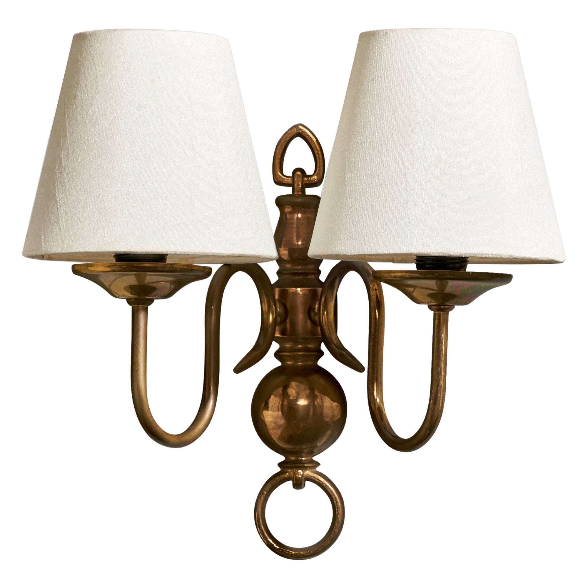 French Designer, Wall Light, Brass, Fabric, France, 1950s