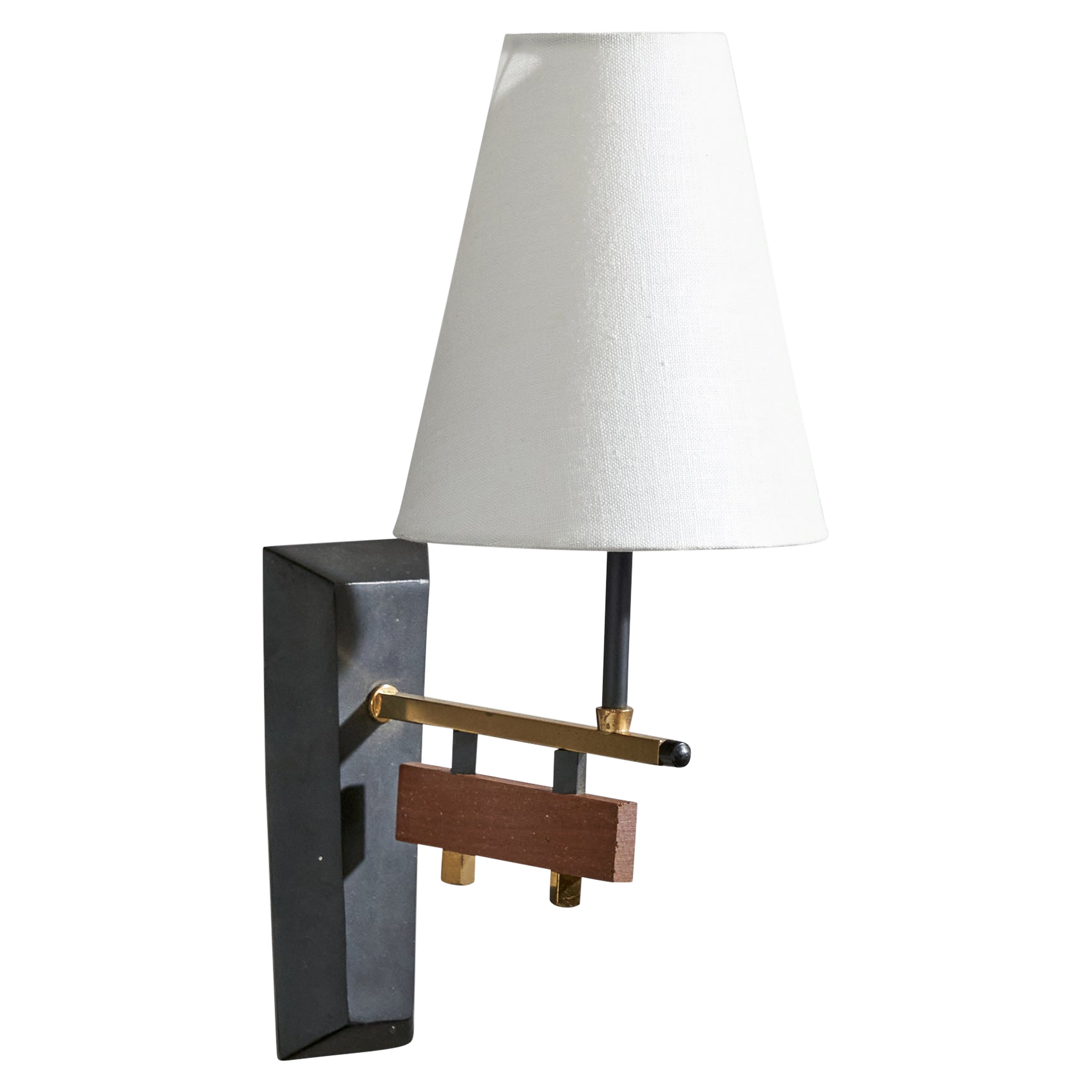 Italian Designer, Wall Light, Brass, Teak, Metal, Fabric, Italy, 1950s
