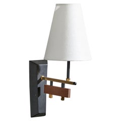 Italian Designer, Wall Light, Brass, Teak, Metal, Fabric, Italy, 1950s
