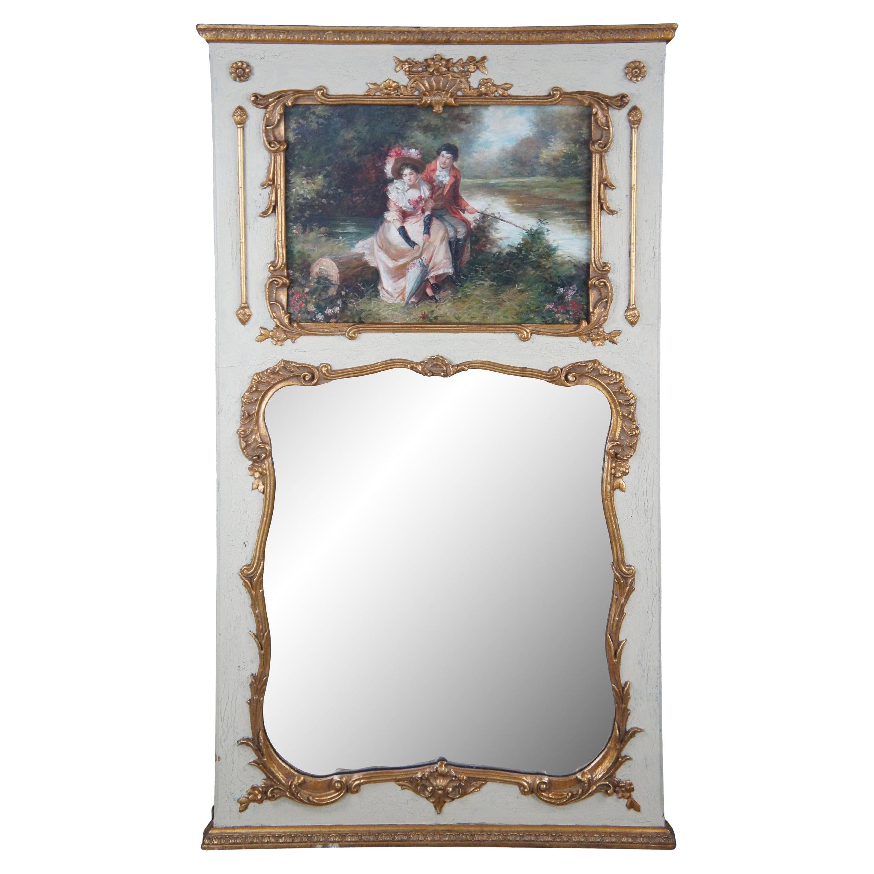 Vintage French Provincial Louis XV Over Mantel Trumeau Mirror w Oil Painting 65"