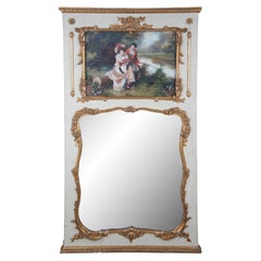Vintage French Provincial Louis XV Over Mantel Trumeau Mirror w Oil Painting 65"