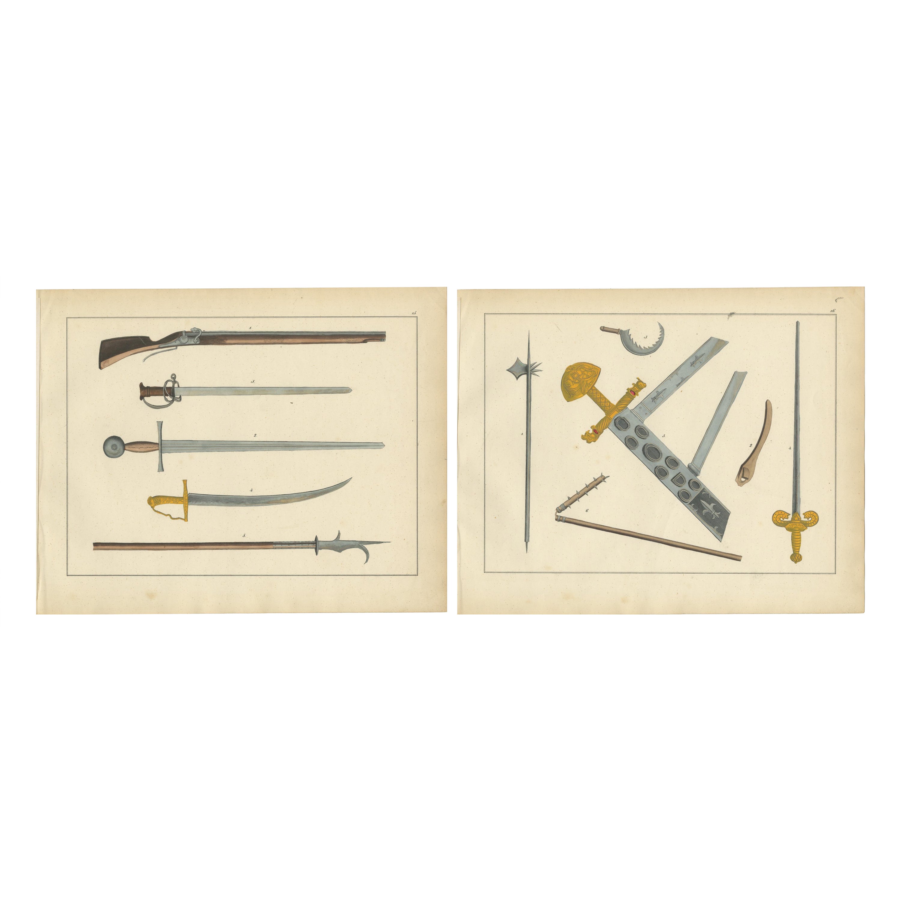Recopilación litográfica coloreada a mano de armas medievales y de principios de la Edad Moderna, 1842