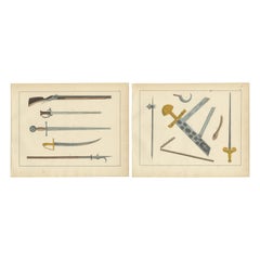 Antique Hand-Coloured Lithograph Compilation of Medieval and Early Modern Weaponry, 1842