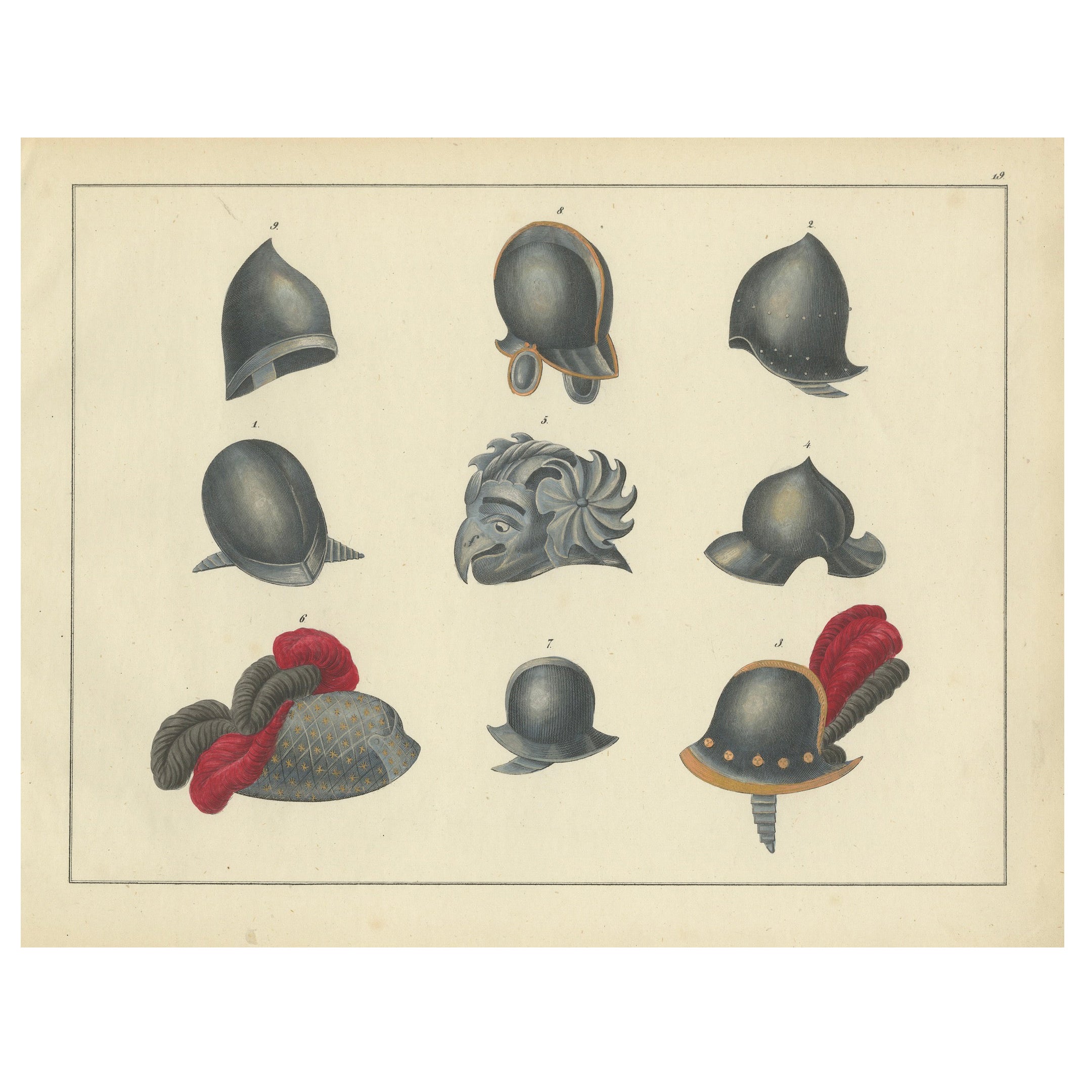 19th-Century Hand-Coloured Lithograph of Medieval and Renaissance Helmets
