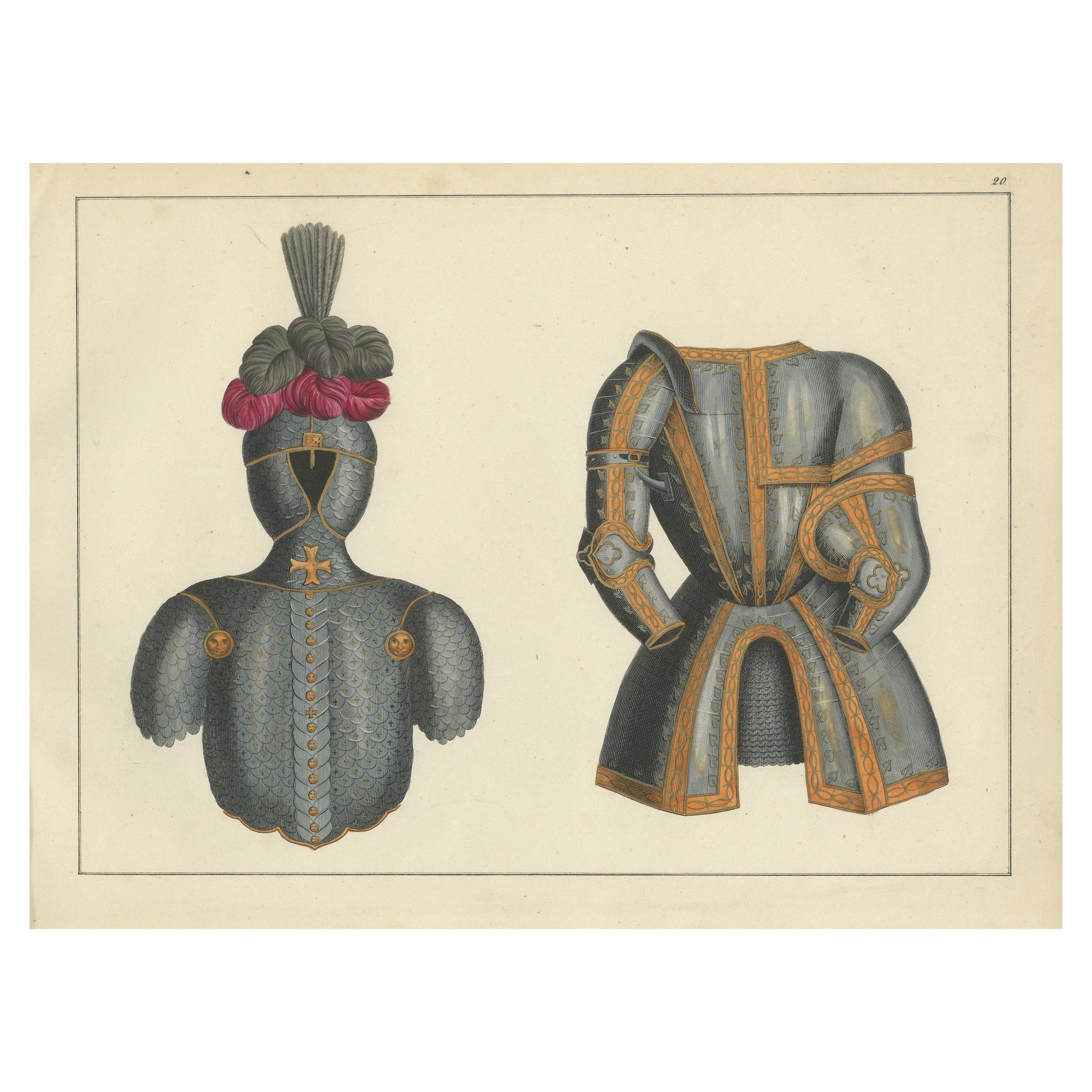 19th-Century Hand-Coloured Print of Ornate Medieval Armor and Tournament Attire