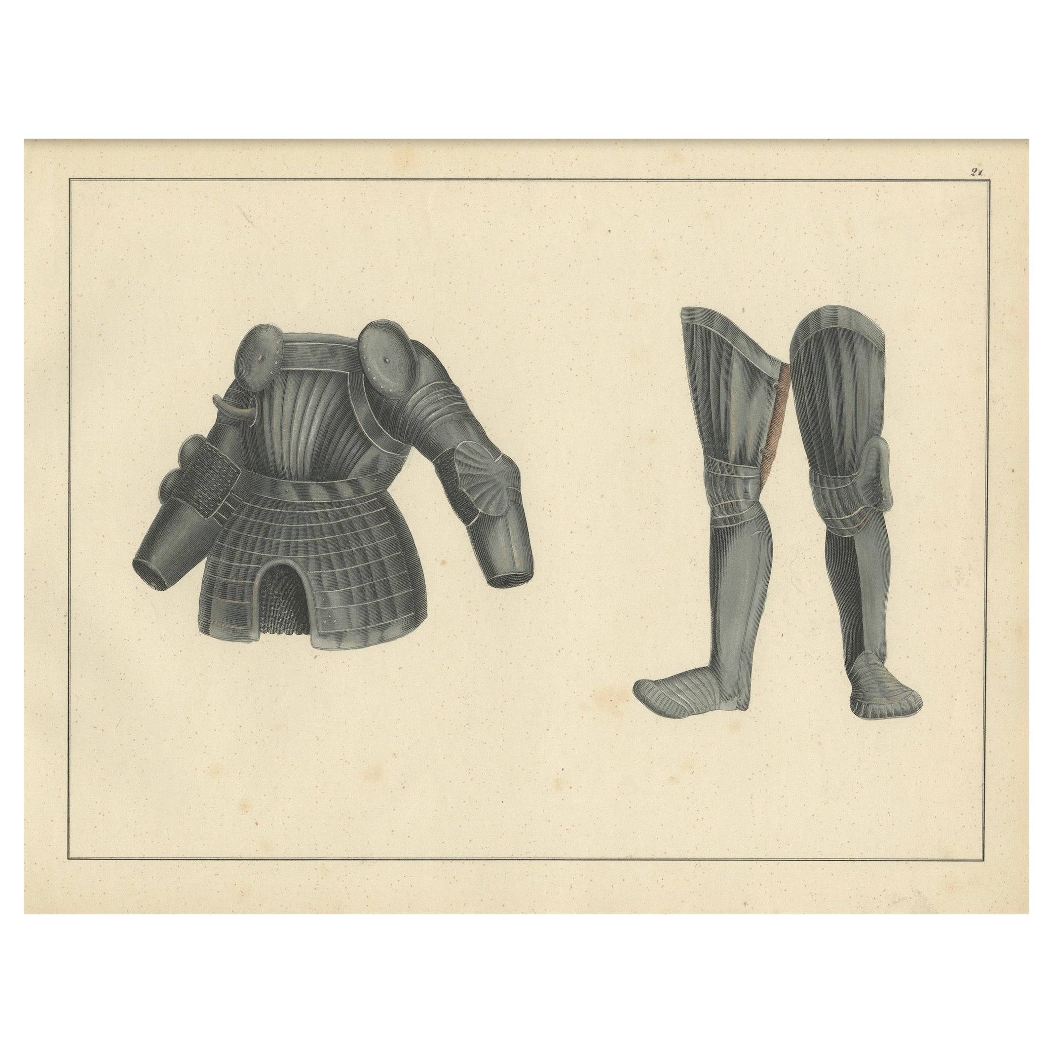 19th-Century Hand-Coloured Lithograph of Medieval Plate Armor Components