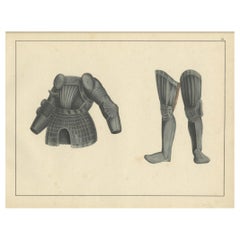 Antique 19th-Century Hand-Coloured Lithograph of Medieval Plate Armor Components
