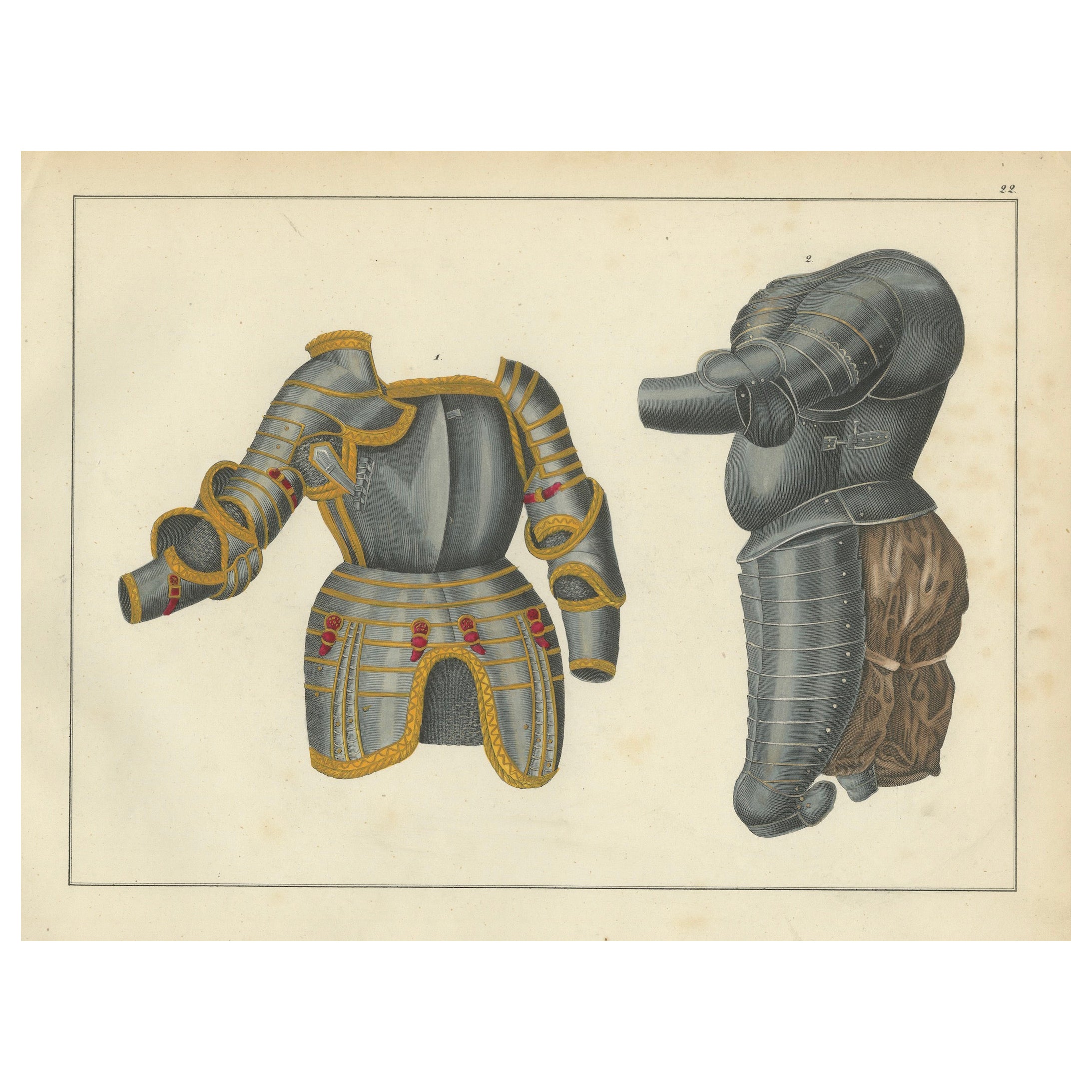 19th-Century Hand-Coloured Lithograph of Ornate Tournament and Plate Armor