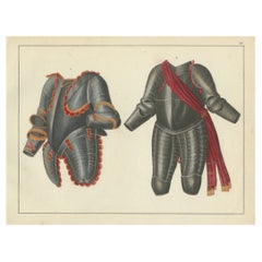 Antique 19th-Century Hand-Coloured Lithograph of Ornate Parade and Tournament Armor