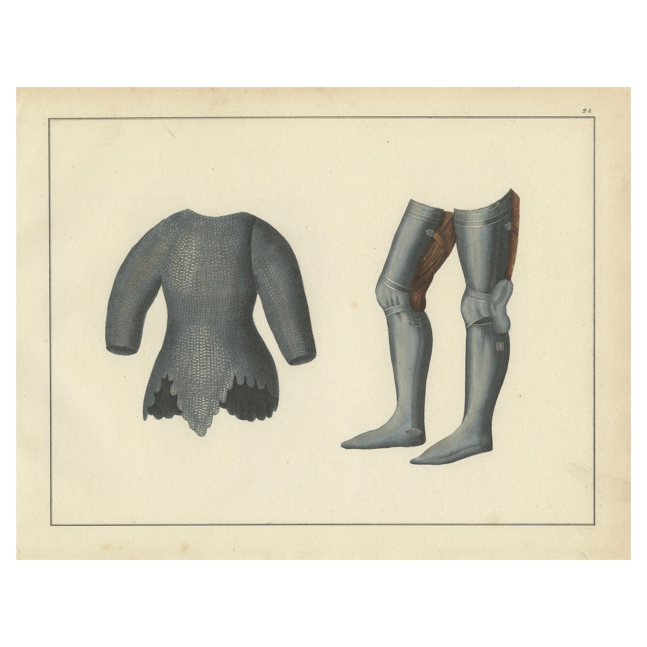 19th-Century Hand-Coloured Lithograph of Chainmail Hauberk and Plate Leg Armor