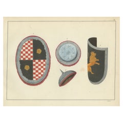 Lithographie du XIXe siècle, coloriée à la main, représentant des boucliers ornés du Moyen Âge et de la Renaissance
