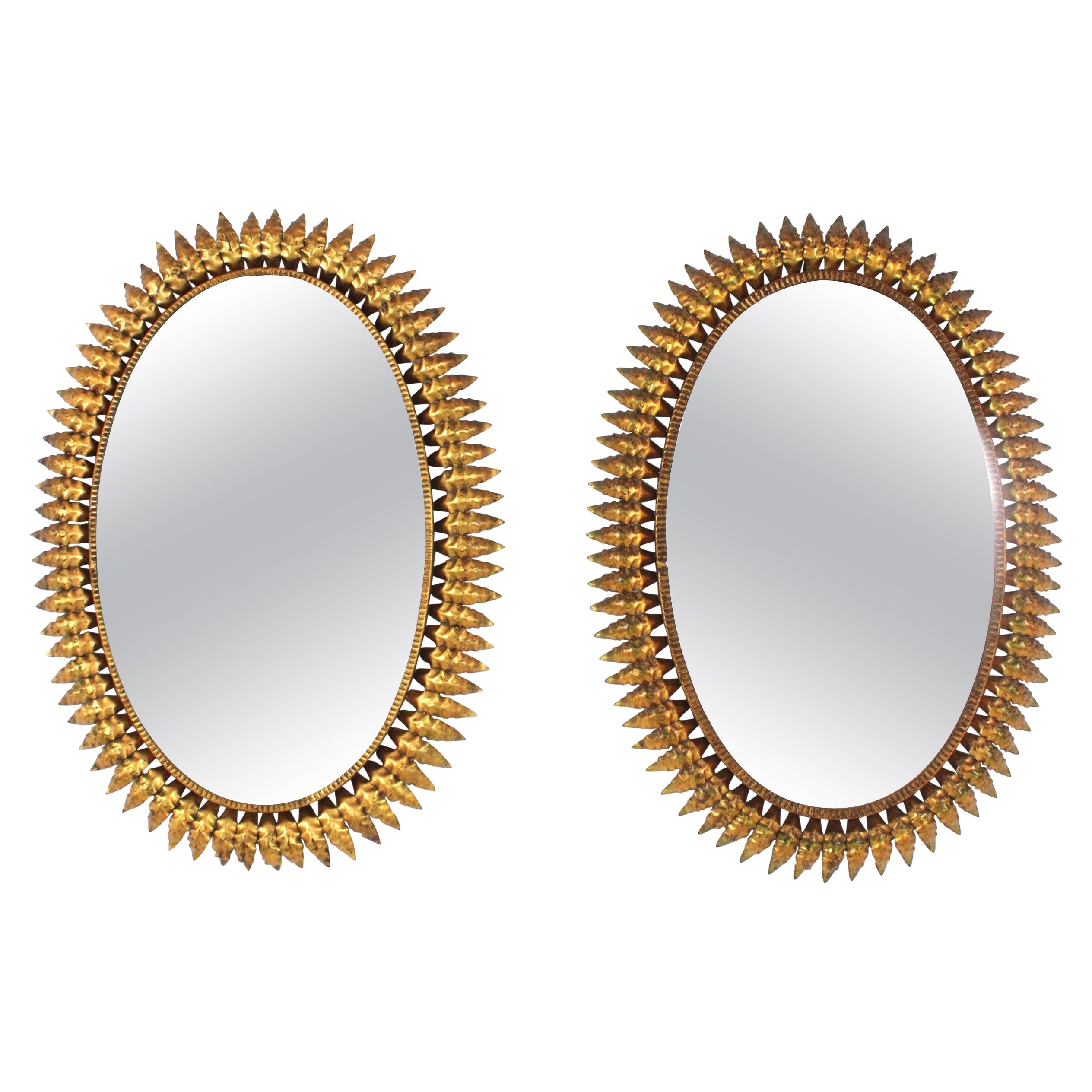 Pair of Sunburst Oval Mirrors in Gilt Iron, Spain, 50's